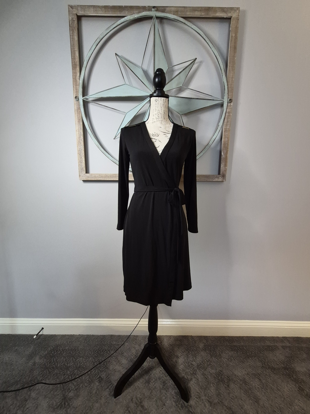 Calvin Klein Classic Black Wrap Dress with Convertible Sleeves Gold Accents - 2